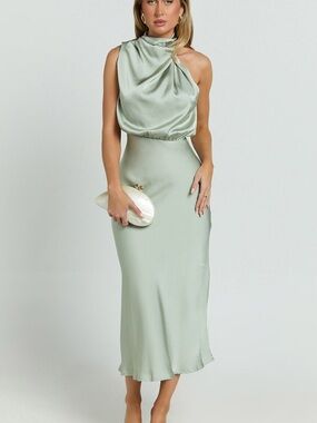 NWT Showpo Drape Neck Satin Slip Dress in Sage | Size 8